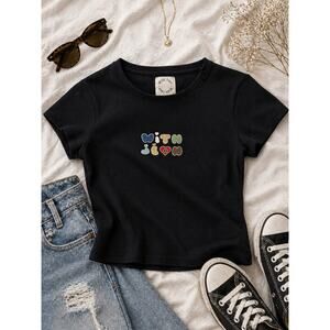 With Jean Baby Tee Black Cropped Graphic Top XXS Y2K Minimal Cute